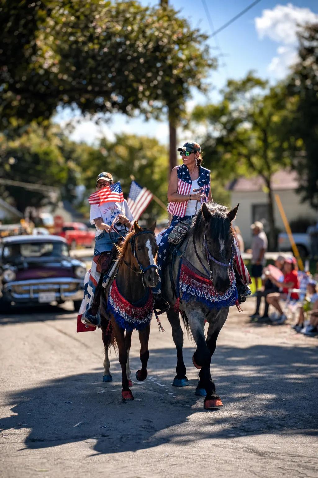 Riders carrying flags down a small town Texas street