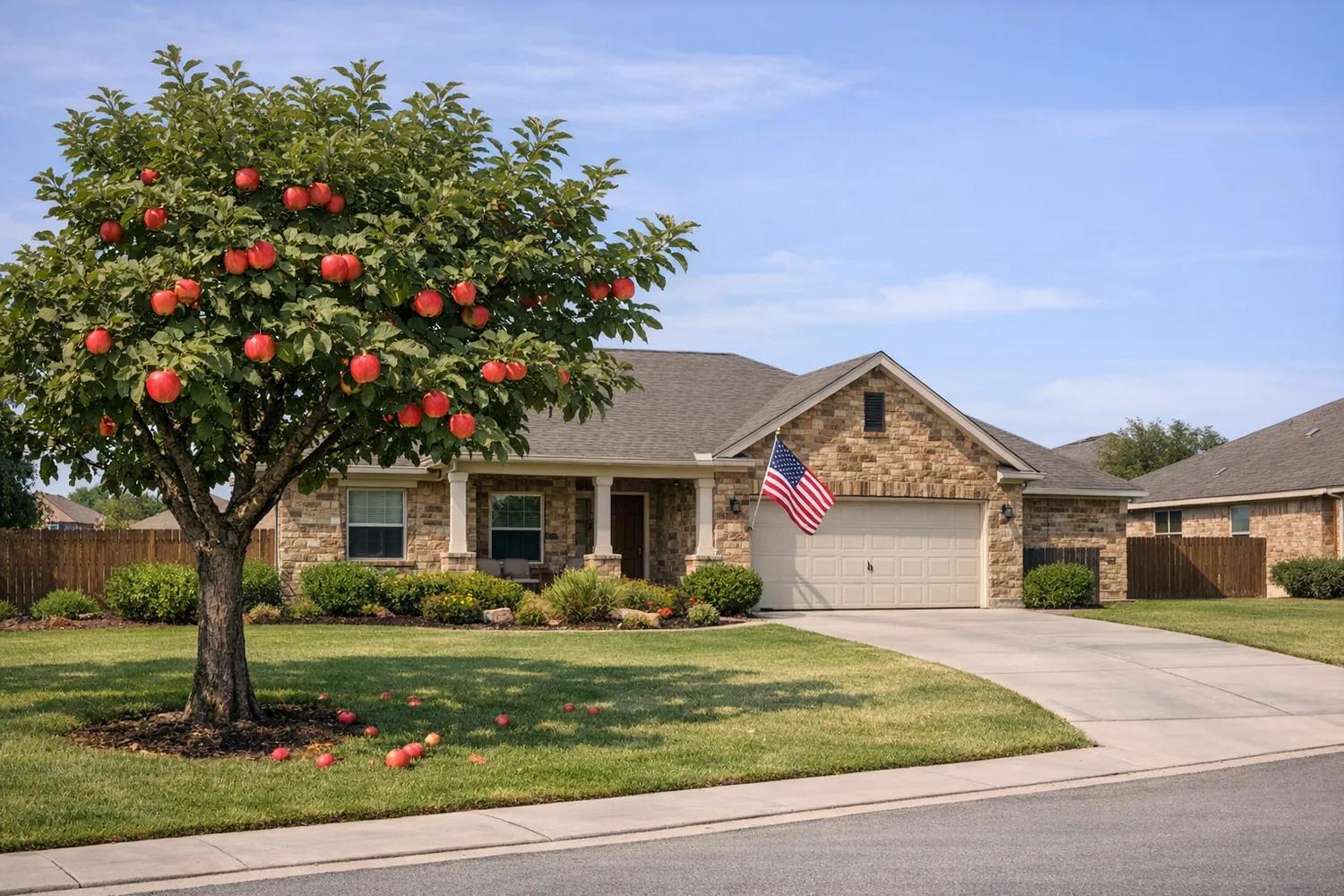 A Texas home with an apple tree bearing ripe red apples