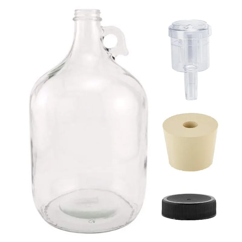 A one gallon glass jug with handle, rubber stopper, airlock and screw cap