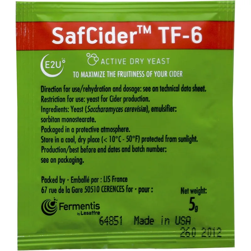 A 5 gram packet of Fermentis SafCider TF-6 cider yeast